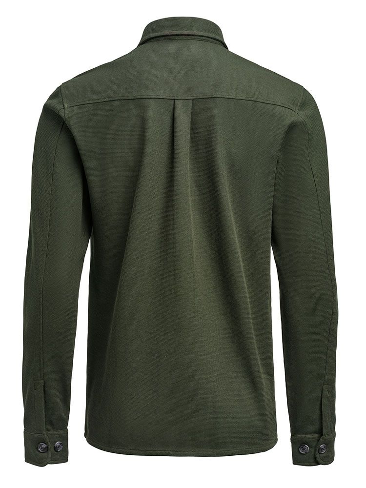 Unisex Overshirt in Tannengrün aus Waffelstrick mit Brusttaschen und kontrastfarbenen Knöpfen