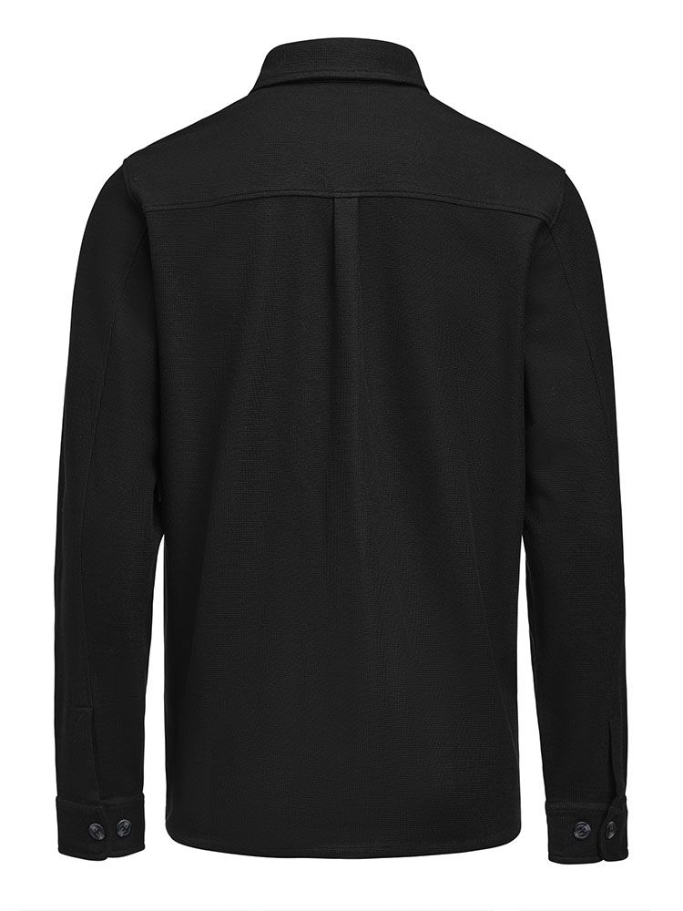Unisex Overshirt in Schwarz aus Waffelstrick mit Brusttaschen und kontrastfarbenen Knöpfen