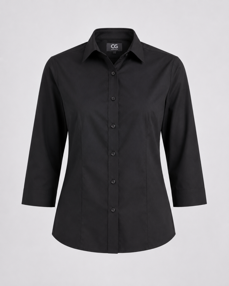 Schwarze 3/4 Arm Bluse Damen Sterling mit klassischem Kragen und Stretch-Anteil