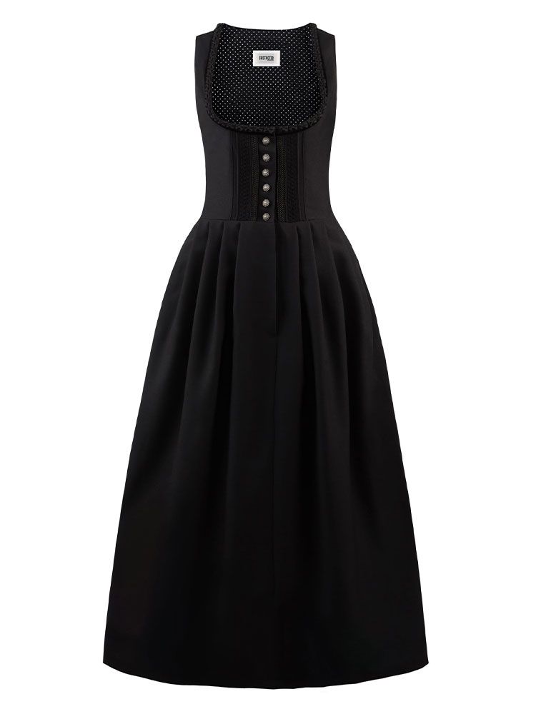 Schwarzes Gastro Dirndl für Damen mit weißer Bluse für Gastronomie und Hotel
