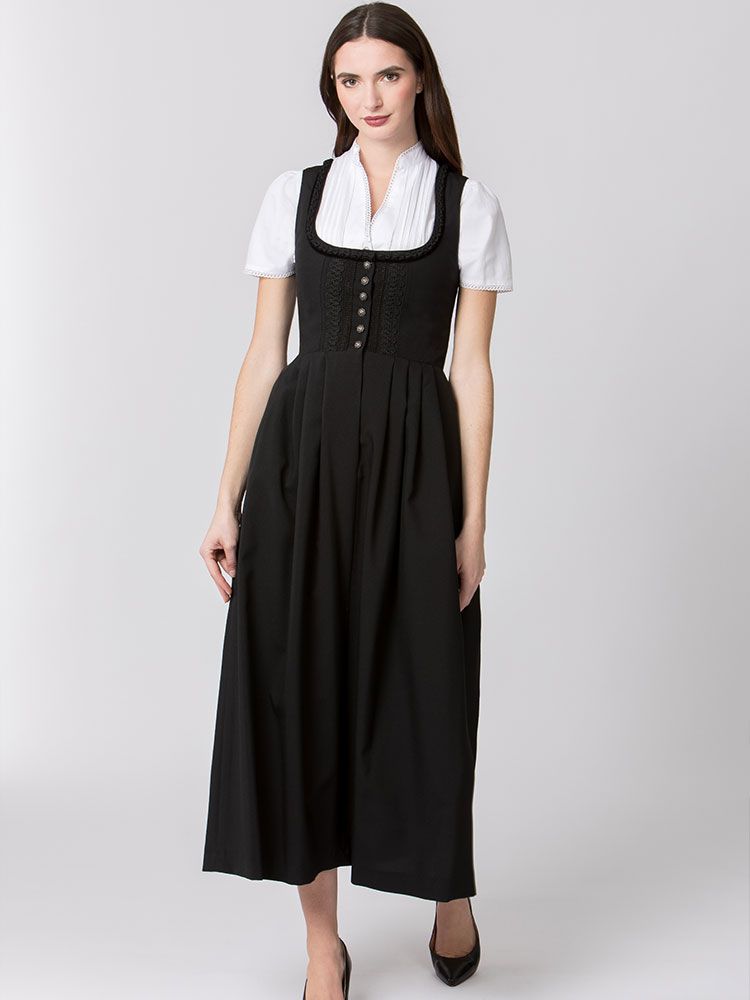 Schwarzes Gastro Dirndl für Damen mit weißer Bluse für Gastronomie und Hotel