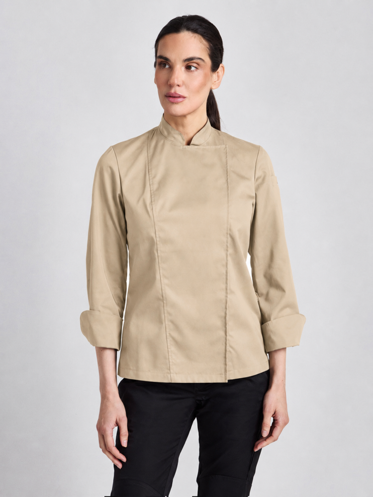 Kochjacke Damen Fallon in Khaki mit Stehkragen und verdeckter Druckknopfleiste