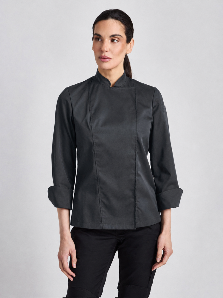Graue Kochjacke Damen Fallon mit Stehkragen und verdeckter Druckknopfleiste
