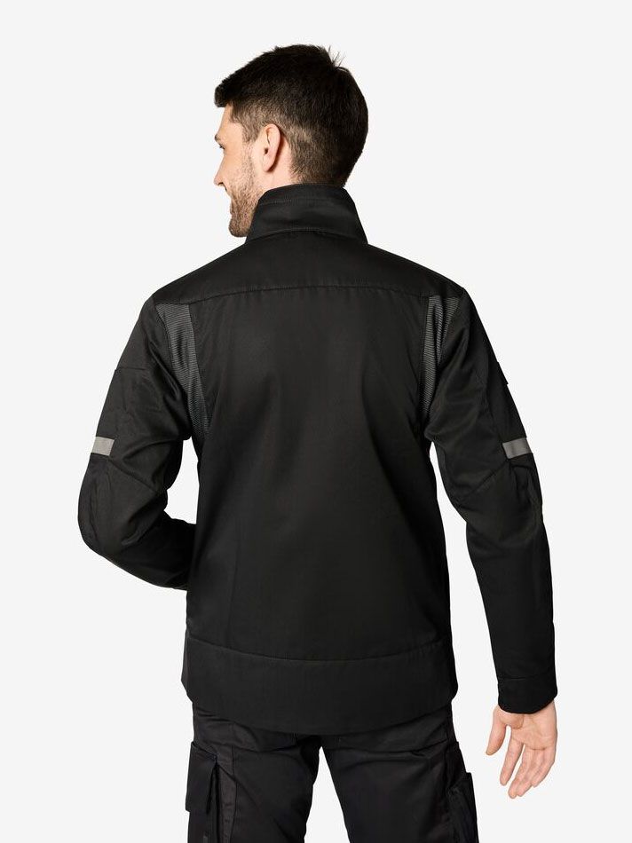 Schwarze FHB Arbeitsjacke mit Taschen und verdecktem Reißverschluss für Handwerk und Workwear