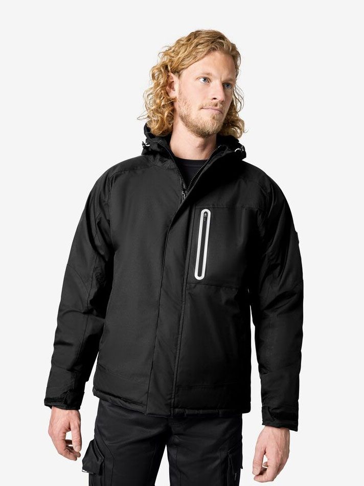 Schwarze FHB Winter-Softshelljacke mit Kapuze für Arbeit Handwerk und Outdoor-Einsatz