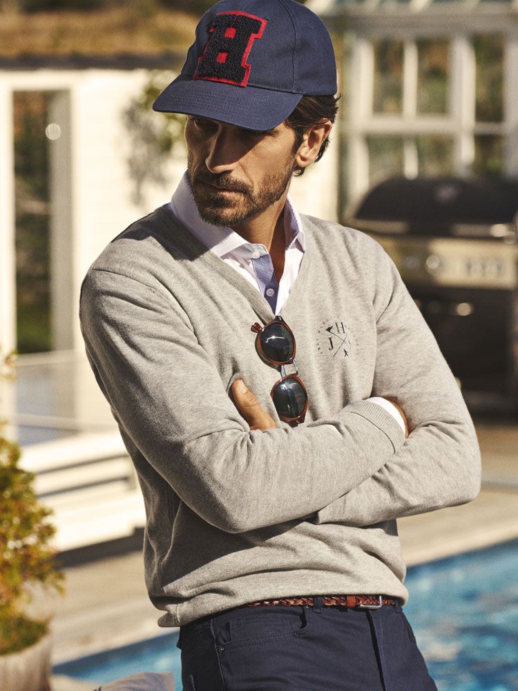 James Harvest Herren Strickpullover mit V-Ausschnitt Grau Meliert