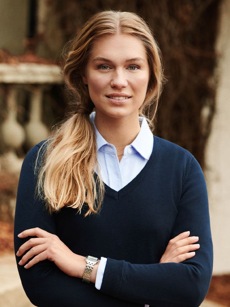 James Harvest Damen Strickpullover mit V-Ausschnitt Marine