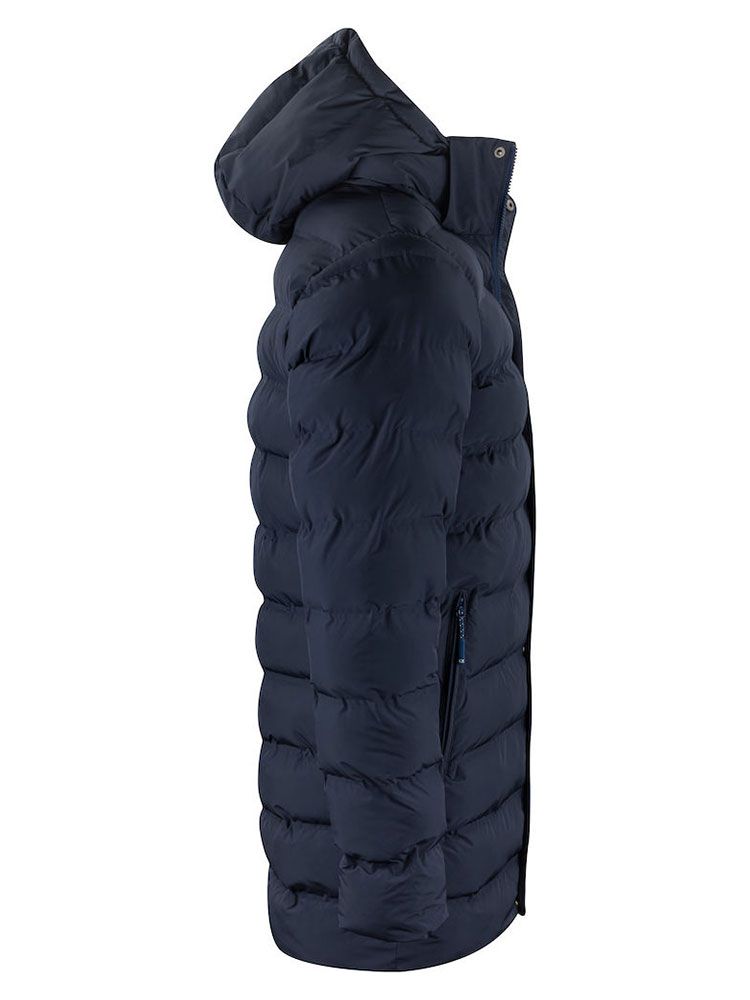 Lange Winterjacke Herren blau gesteppt mit Kapuze und Zwei-Wege-Reißverschluss