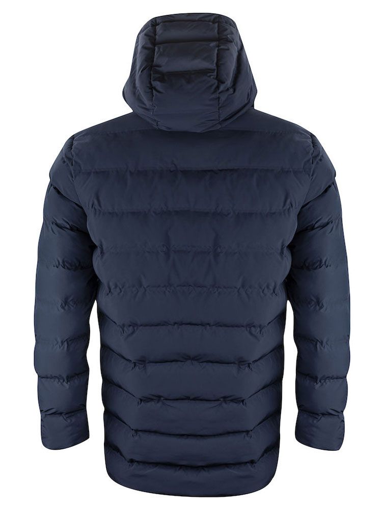 Lange Winterjacke Herren blau gesteppt mit Kapuze und Zwei-Wege-Reißverschluss