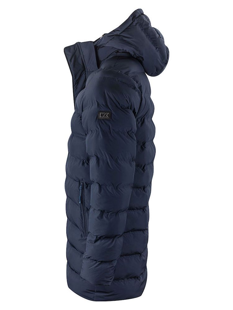 Lange Winterjacke Herren blau gesteppt mit Kapuze und Zwei-Wege-Reißverschluss