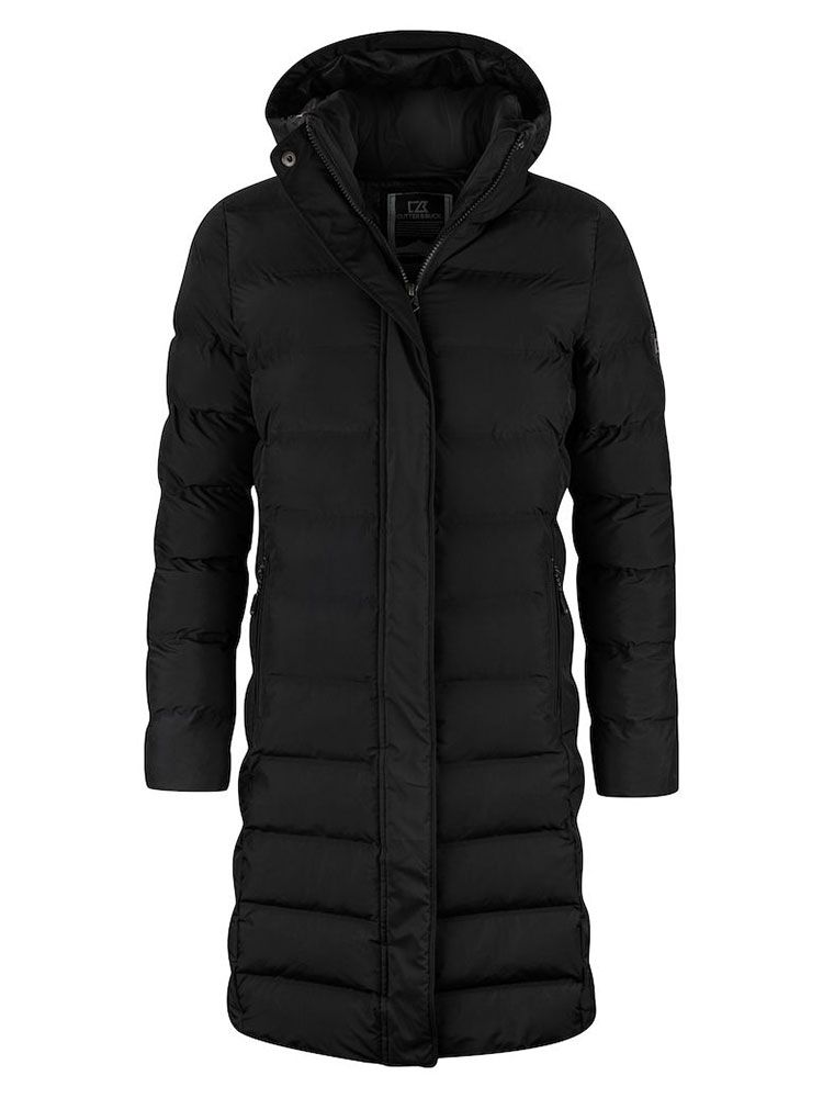 Lange Winterjacke Damen schwarz gesteppt mit Kapuze und 2-Wege-Reißverschluss