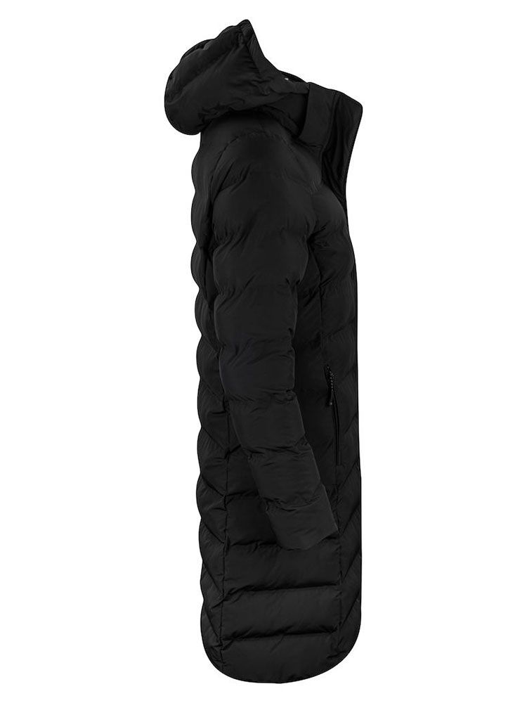 Lange Winterjacke Damen schwarz gesteppt mit Kapuze und 2-Wege-Reißverschluss