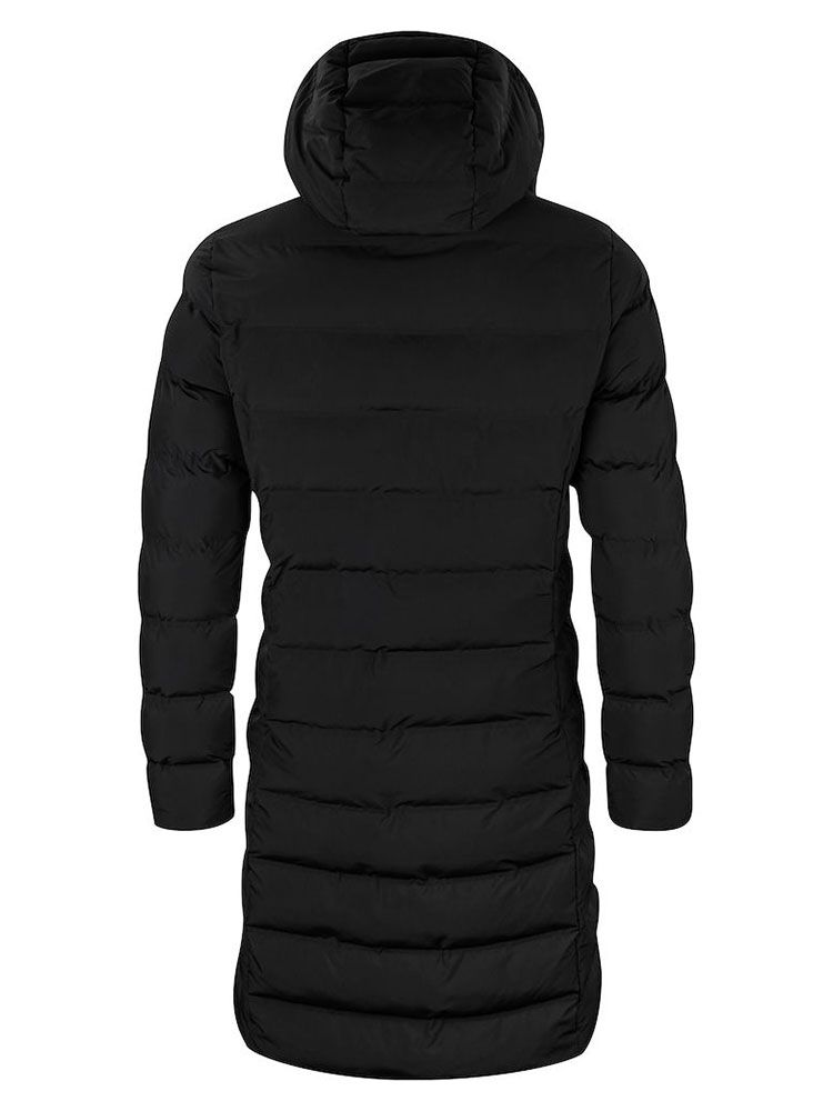 Lange Winterjacke Damen schwarz gesteppt mit Kapuze und 2-Wege-Reißverschluss