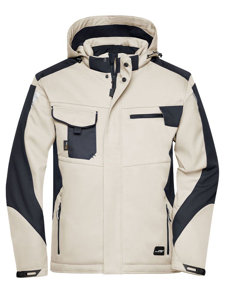 Softshell Arbeitsjacke Herren Beige mit Kapuze, warm gefüttert, wetterfest