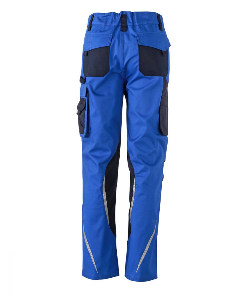 Blaue Arbeitshose mit verstärkten Knien, vielen Taschen und reflektierenden Details für Handwerker