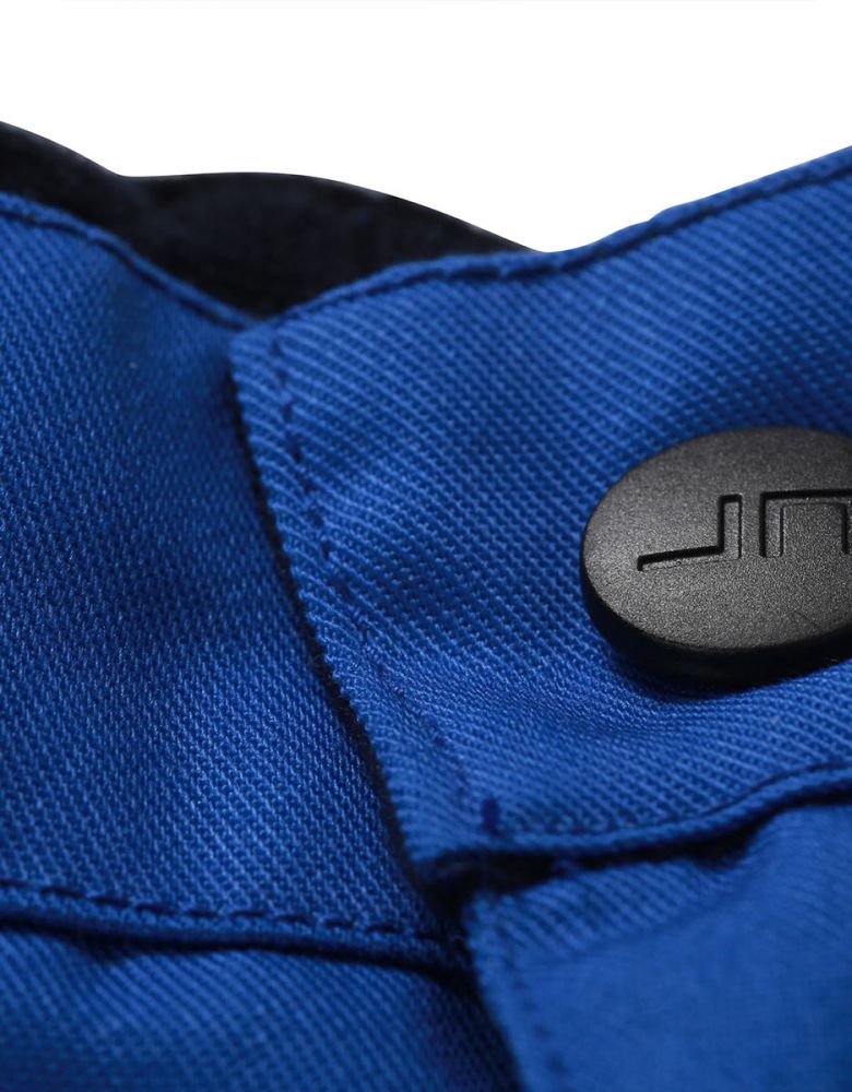 Blaue Arbeitshose mit verstärkten Knien, vielen Taschen und reflektierenden Details für Handwerker