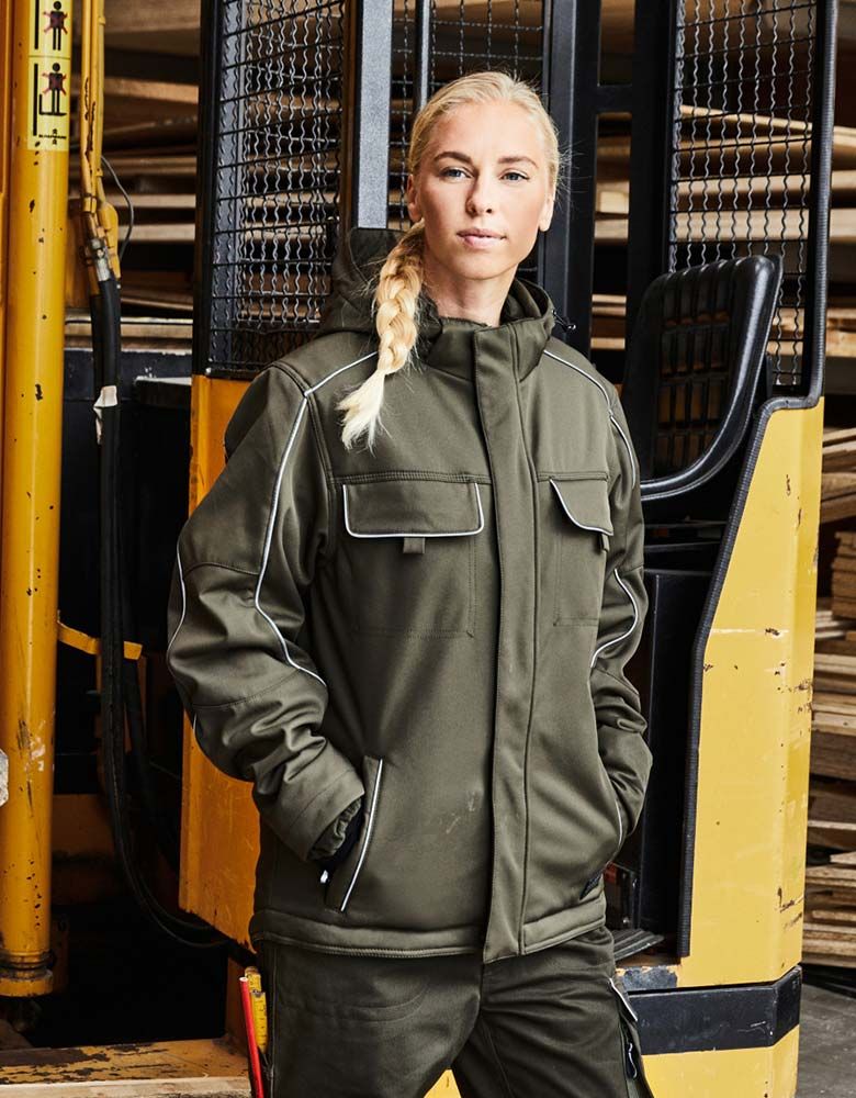 Gefütterte Arbeitsjacke Unisex mit Kapuze aus Softshell für kalte Tage – ideal für Bau, Lager oder Außendienst