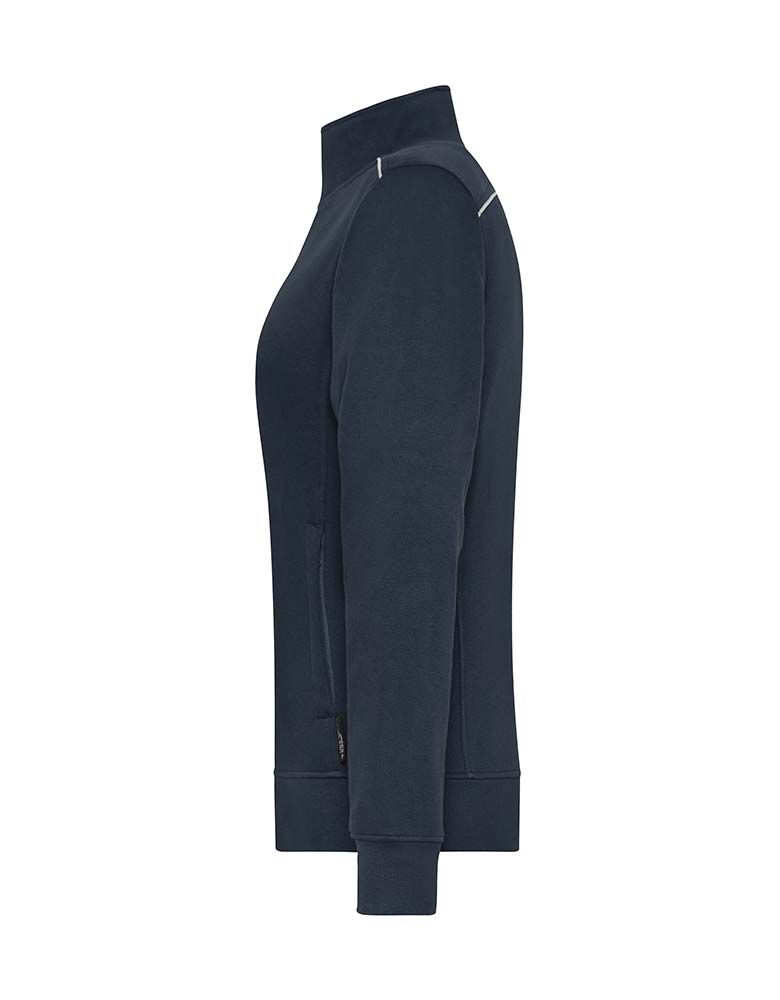 Damen Sweatjacke dunkelblau mit Reißverschluss, Taschen & Paspeln – ideal für kühle Arbeitstage