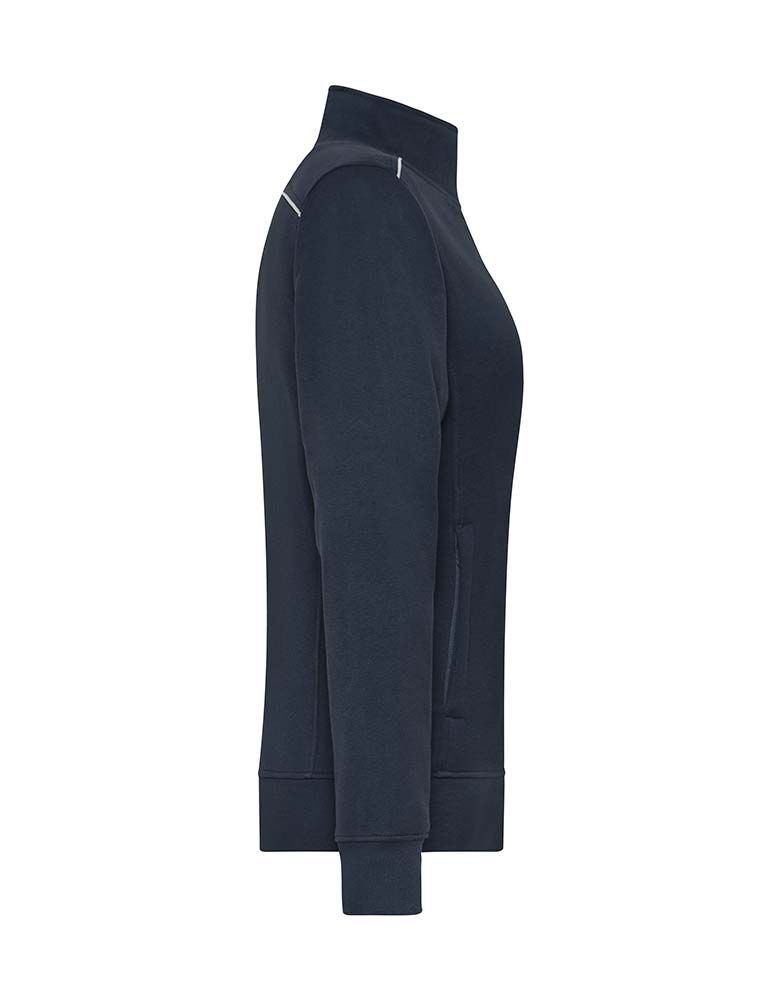 Damen Sweatjacke dunkelblau mit Reißverschluss, Taschen & Paspeln – ideal für kühle Arbeitstage