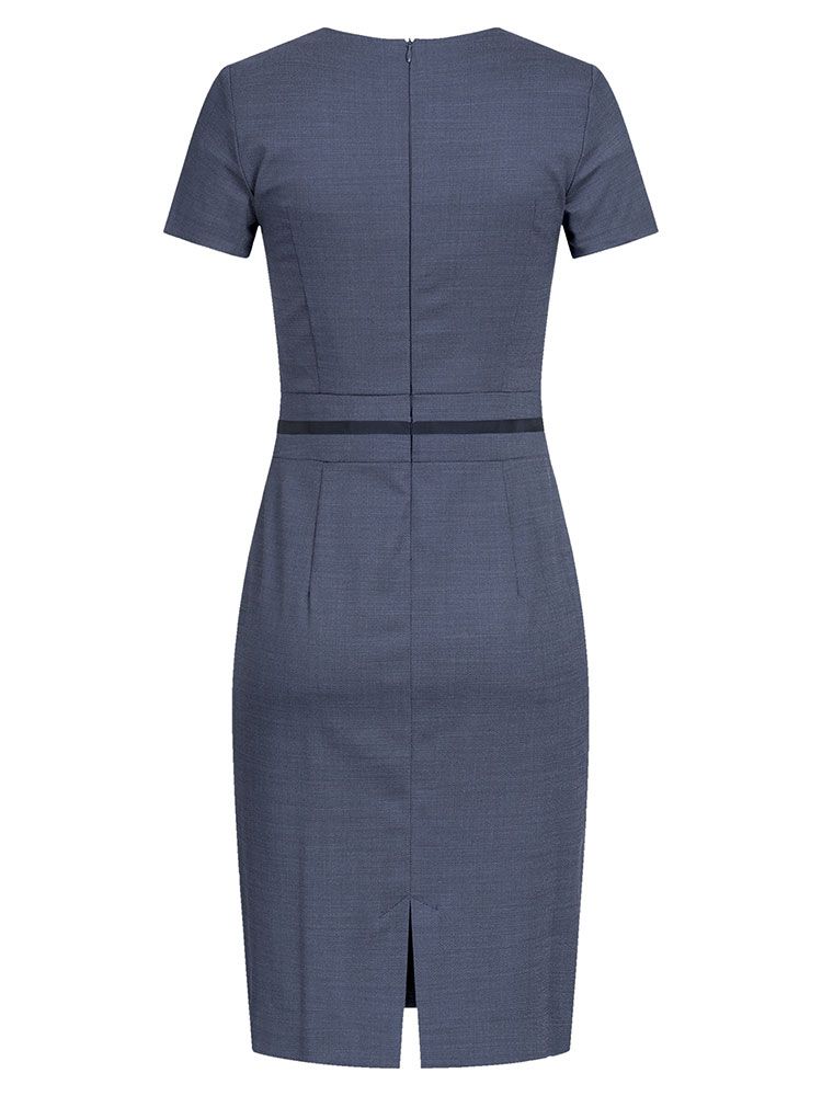 Damen Etuikleid hellblau mit kurzen Ärmeln, Taillenband und Rückenschlitz – ideal fürs Büro
