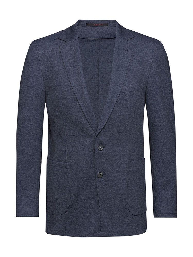 Herren Jersey Sakko Blau Meliert – Regular Fit, stilvolles Sakko aus elastischem Jersey-Gewebe, Zwei-Knopf-Verschluss, aufgesetzte Taschen und Seitenschlitze, ideal für Business, Büro, Verkauf und Gastronomie.