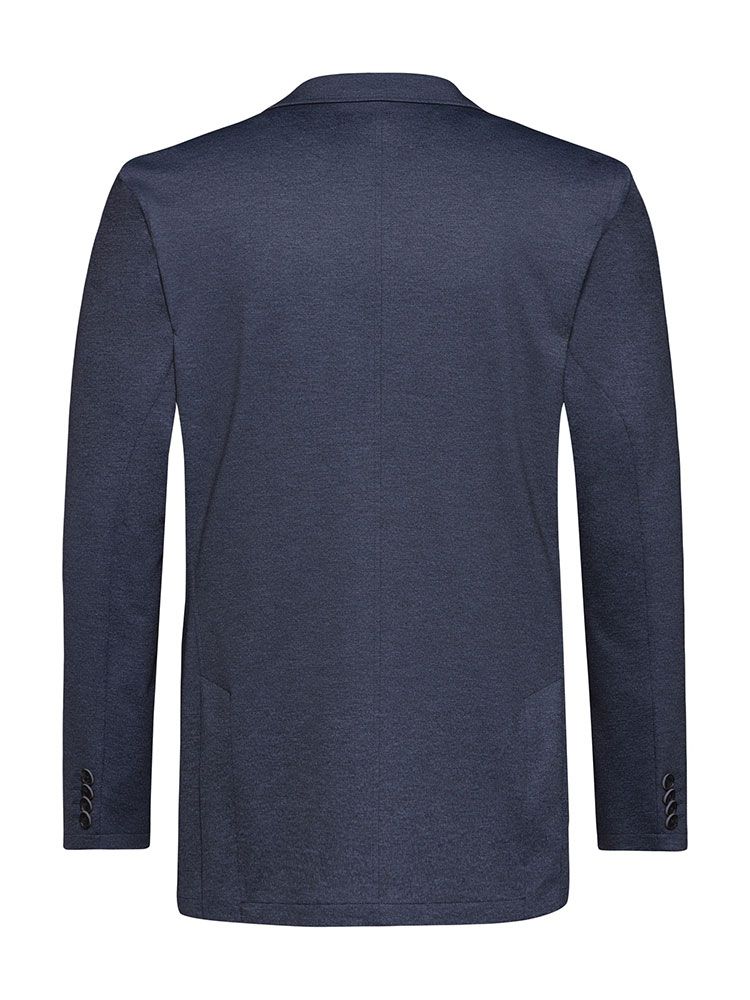 Herren Jersey Sakko Blau Meliert – Regular Fit, stilvolles Sakko aus elastischem Jersey-Gewebe, Zwei-Knopf-Verschluss, aufgesetzte Taschen und Seitenschlitze, ideal für Business, Büro, Verkauf und Gastronomie.