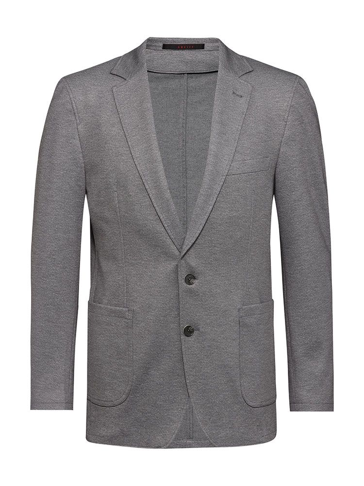 Herren Jersey Sakko Grau Meliert – Regular Fit, elegantes Sakko aus elastischem Jersey-Gewebe, Zwei-Knopf-Verschluss, aufgesetzte Taschen und Seitenschlitze, ideal für Business, Büro, Verkauf und Gastronomie.