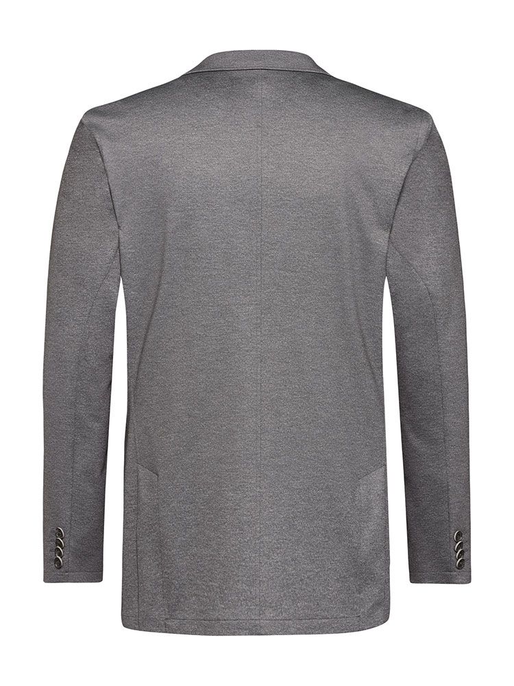 Herren Jersey Sakko Grau Meliert – Regular Fit, elegantes Sakko aus elastischem Jersey-Gewebe, Zwei-Knopf-Verschluss, aufgesetzte Taschen und Seitenschlitze, ideal für Business, Büro, Verkauf und Gastronomie.