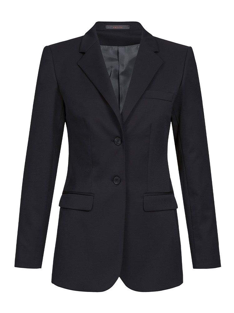 Schwarzer Longblazer Damen – Eleganter langer Blazer mit 2-Knopf-Leiste, Pattentaschen und tailliertem Regular-Fit-Schnitt