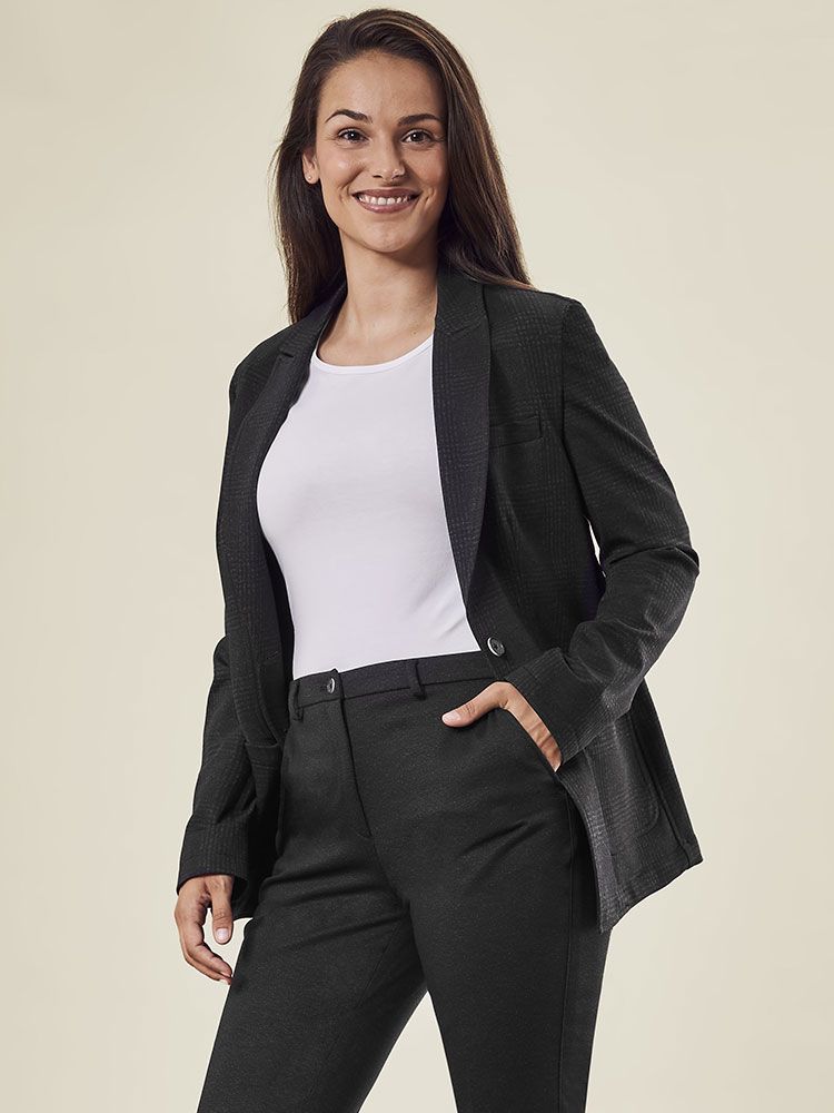 Damen Langblazer Glencheck Dunkelgrau mit Spitzfacon-Revers und aufgesetzten Taschen