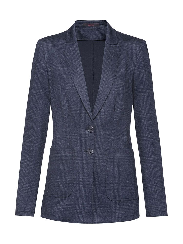 Damen Langblazer Glencheck Dunkelblau mit Spitzfacon-Revers und aufgesetzten Taschen