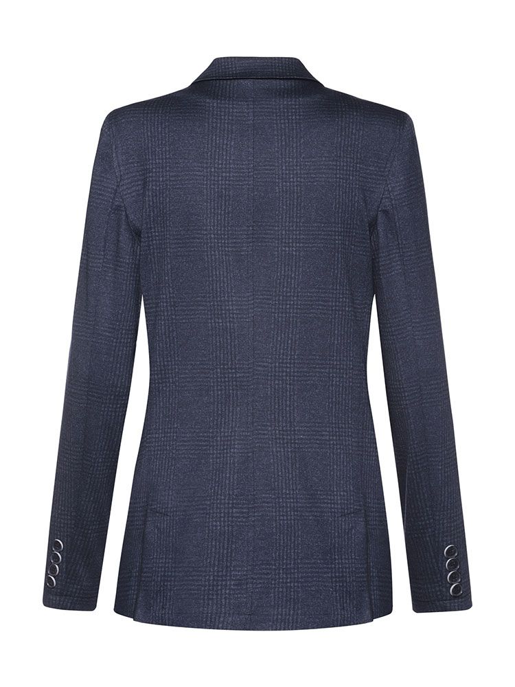Damen Langblazer Glencheck Dunkelblau mit Spitzfacon-Revers und aufgesetzten Taschen