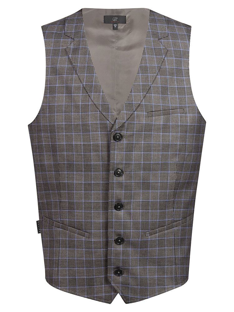 Glencheckweste Herren Braun-Schwarz mit feinem blauen Karo, Reverskragen und 5-Knopfleiste
