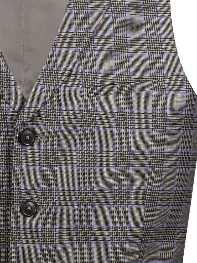 Glencheckweste Herren Braun-Schwarz mit feinem blauen Karo, Reverskragen und 5-Knopfleiste