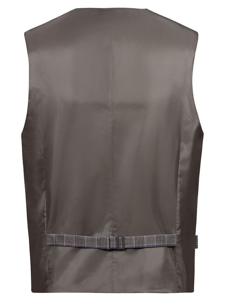 Glencheckweste Herren Braun-Schwarz mit feinem blauen Karo, Reverskragen und 5-Knopfleiste