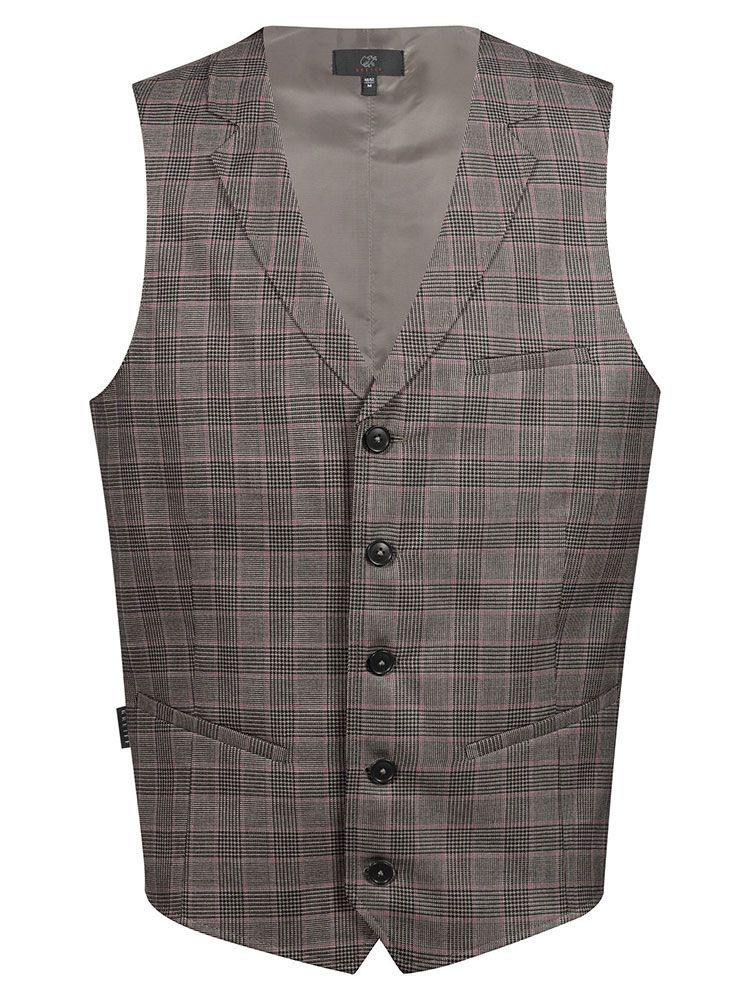 Herrenweste Glencheck Braun-Schwarz mit feinem roten Karo, Reverskragen und 5-Knopfleiste