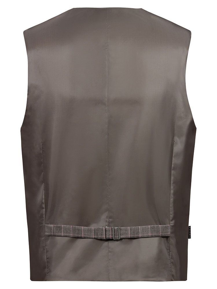 Herrenweste Glencheck Braun-Schwarz mit feinem roten Karo, Reverskragen und 5-Knopfleiste