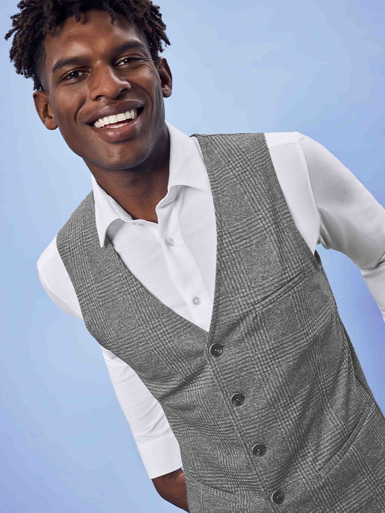 Herren Jersey Weste Glencheck Grau – Regular Fit, 5-Knopf-Leiste, Leistentaschen, weicher Jersey-Stoff mit Stretch, Business- und Freizeitweste für Büro, Verkauf, Gastronomie