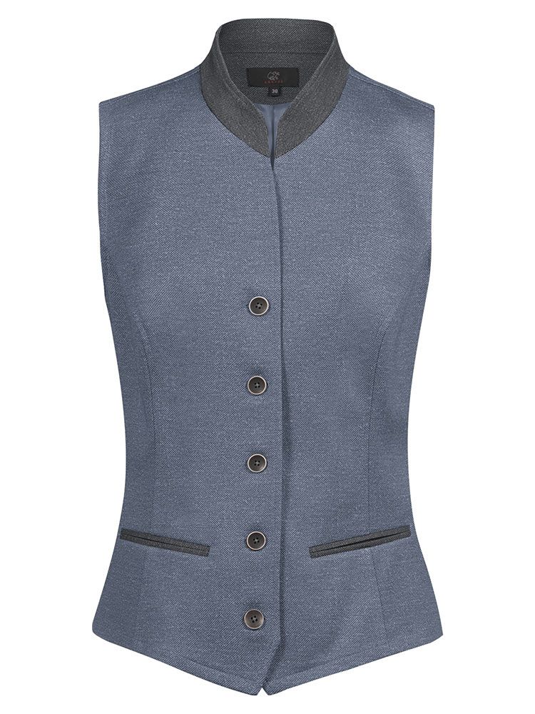 Blaugraue Damen-Trachtenweste mit Stehkragen, 4-Knopf-Verschluss und Paspeltaschen im modernen Landhausstil