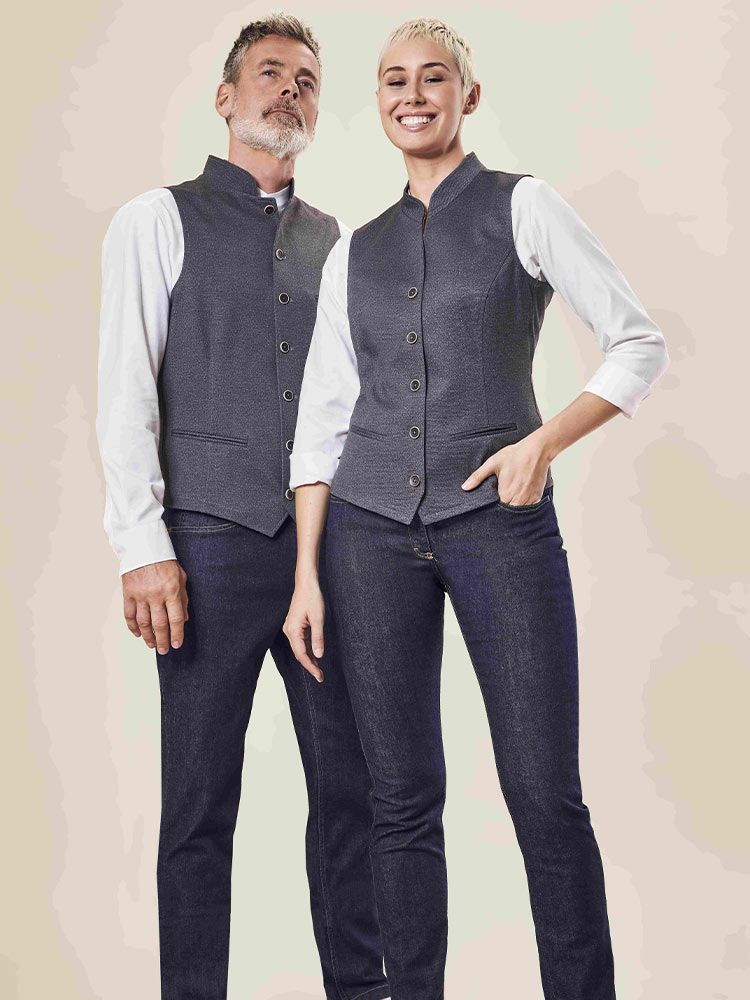 Blaugraue Damen-Trachtenweste mit Stehkragen, 4-Knopf-Verschluss und Paspeltaschen im modernen Landhausstil