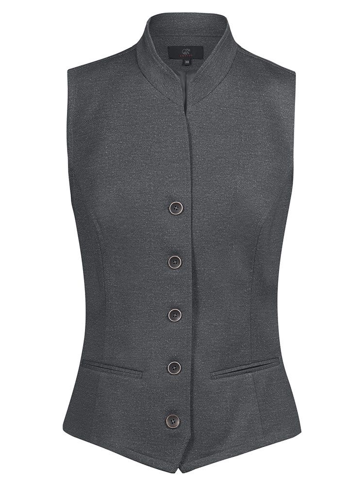 Graue Damen-Trachtenweste mit Stehkragen, 7-Knopf-Verschluss und Paspeltaschen im modernen Landhausstil