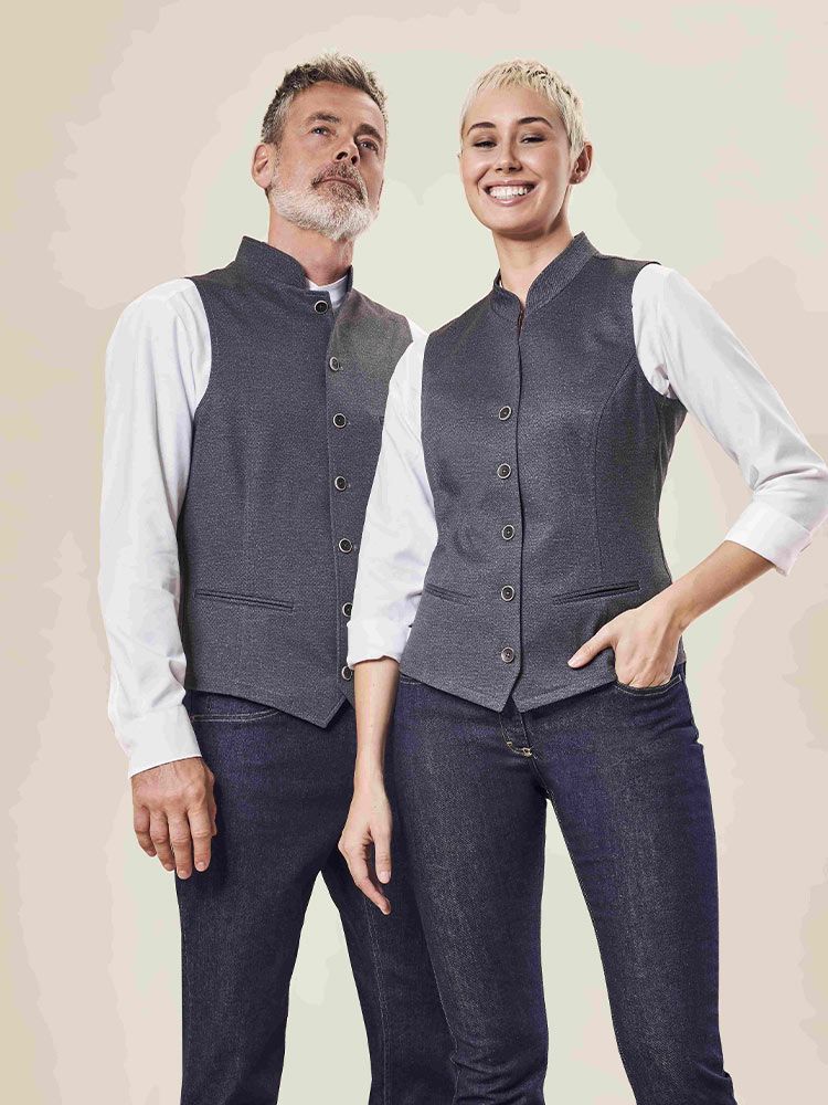 Graue Damen-Trachtenweste mit Stehkragen, 7-Knopf-Verschluss und Paspeltaschen im modernen Landhausstil