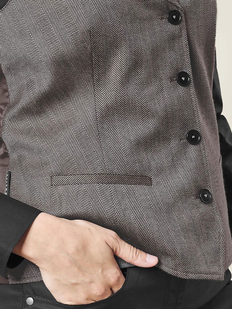 Weste Fischgrät Damen Braun-Schwarz mit Reverskragen und 4-Knopfleiste