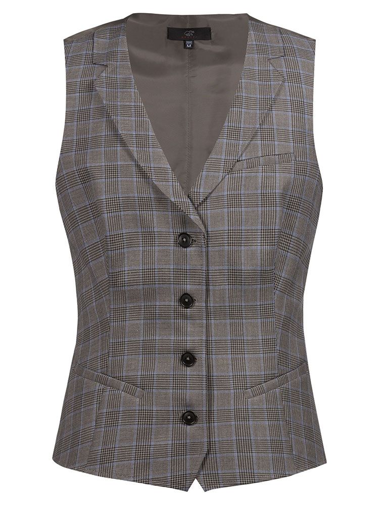 Damen Weste Glencheck Braun-Schwarz mit feinem blauem Karo, Reverskragen und 4-Knopfleiste