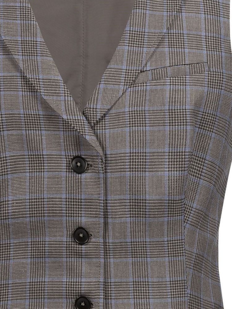 Damen Weste Glencheck Braun-Schwarz mit feinem blauem Karo, Reverskragen und 4-Knopfleiste