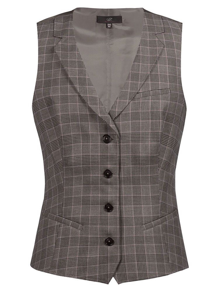 Glencheckweste Damen Braun-Schwarz mit feinem roten Karo, Reverskragen und 4-Knopfleiste