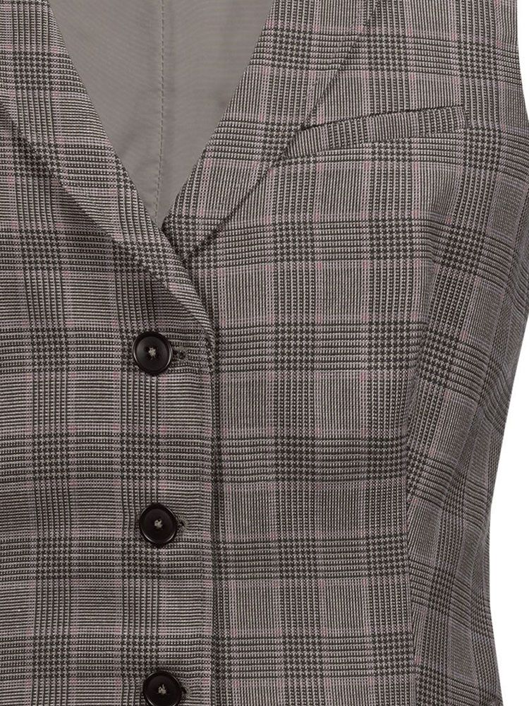 Glencheckweste Damen Braun-Schwarz mit feinem roten Karo, Reverskragen und 4-Knopfleiste