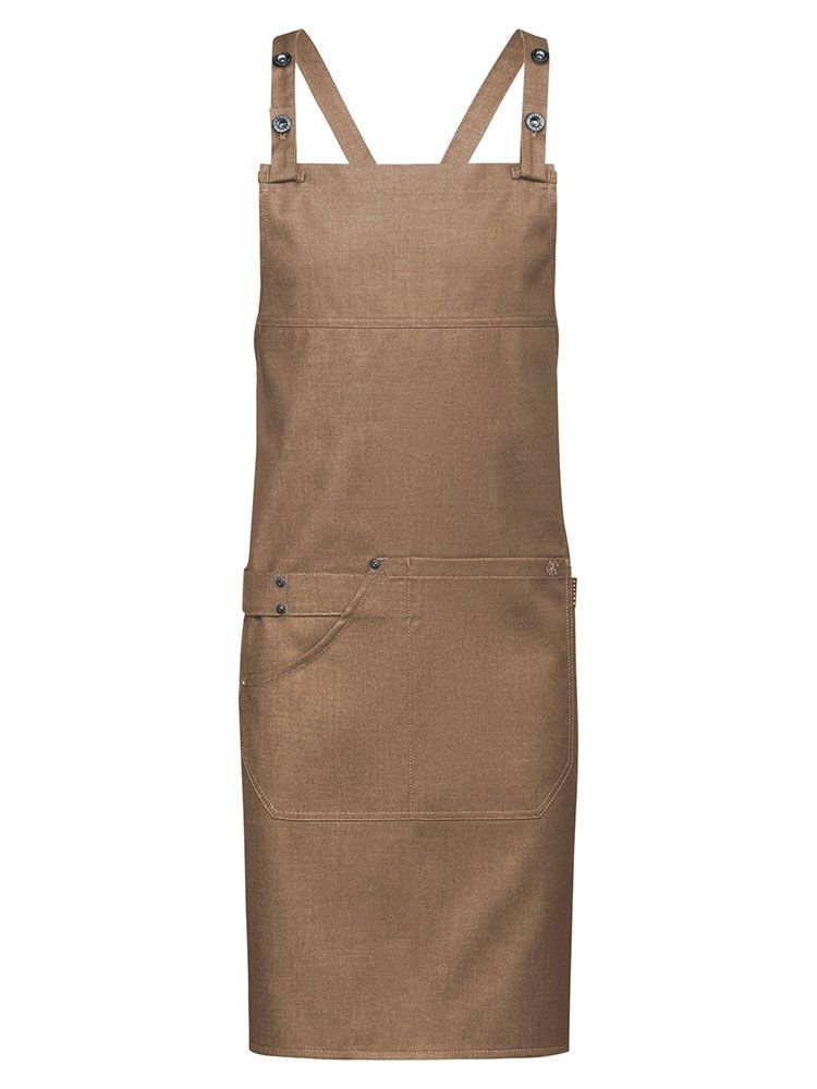 Beige Latzschürze in Denim-Optik mit verstellbarem Nackenband, aufgesetzten Taschen und Geschirrtuchschlaufe – ideal für Floristen, Gastronomie und Naturkostverkauf