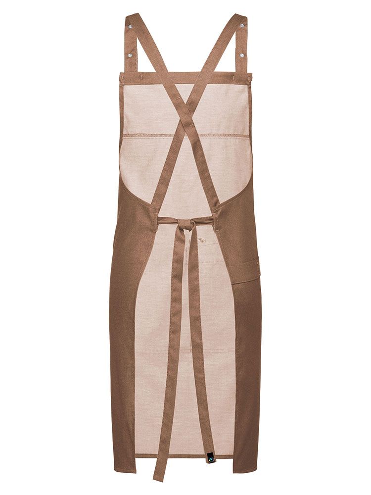 Beige Latzschürze in Denim-Optik mit verstellbarem Nackenband, aufgesetzten Taschen und Geschirrtuchschlaufe – ideal für Floristen, Gastronomie und Naturkostverkauf