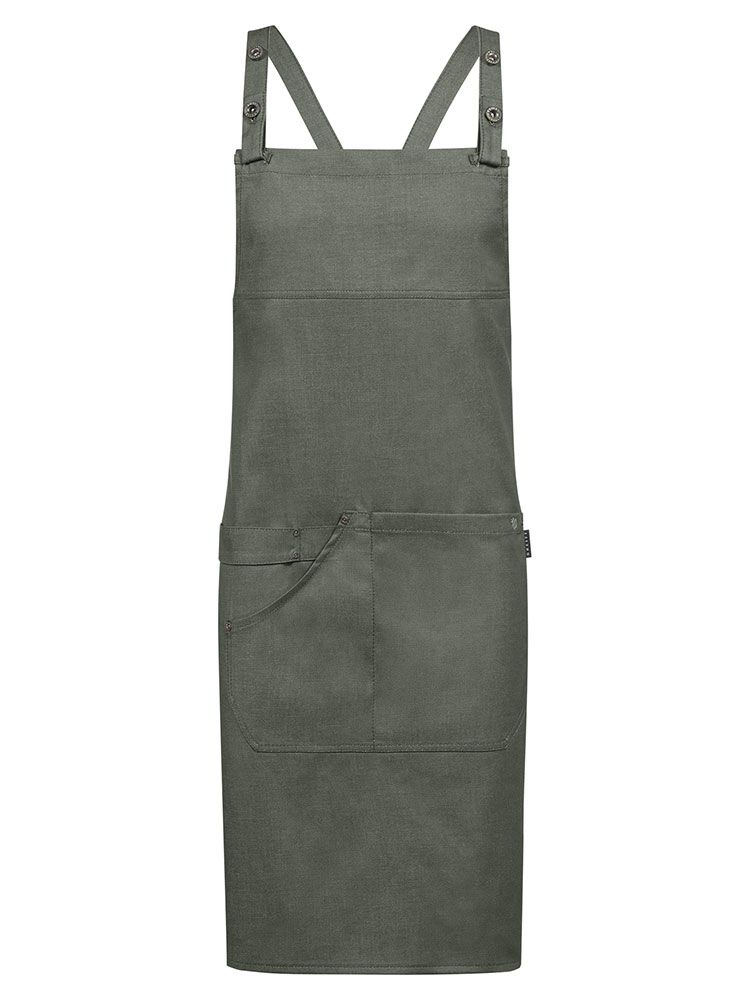 Grüne Latzschürze in Denim-Optik mit verstellbarem Nackenband, aufgesetzten Taschen und Geschirrtuchschlaufe – ideal für Gastronomie, Floristen und Verkauf